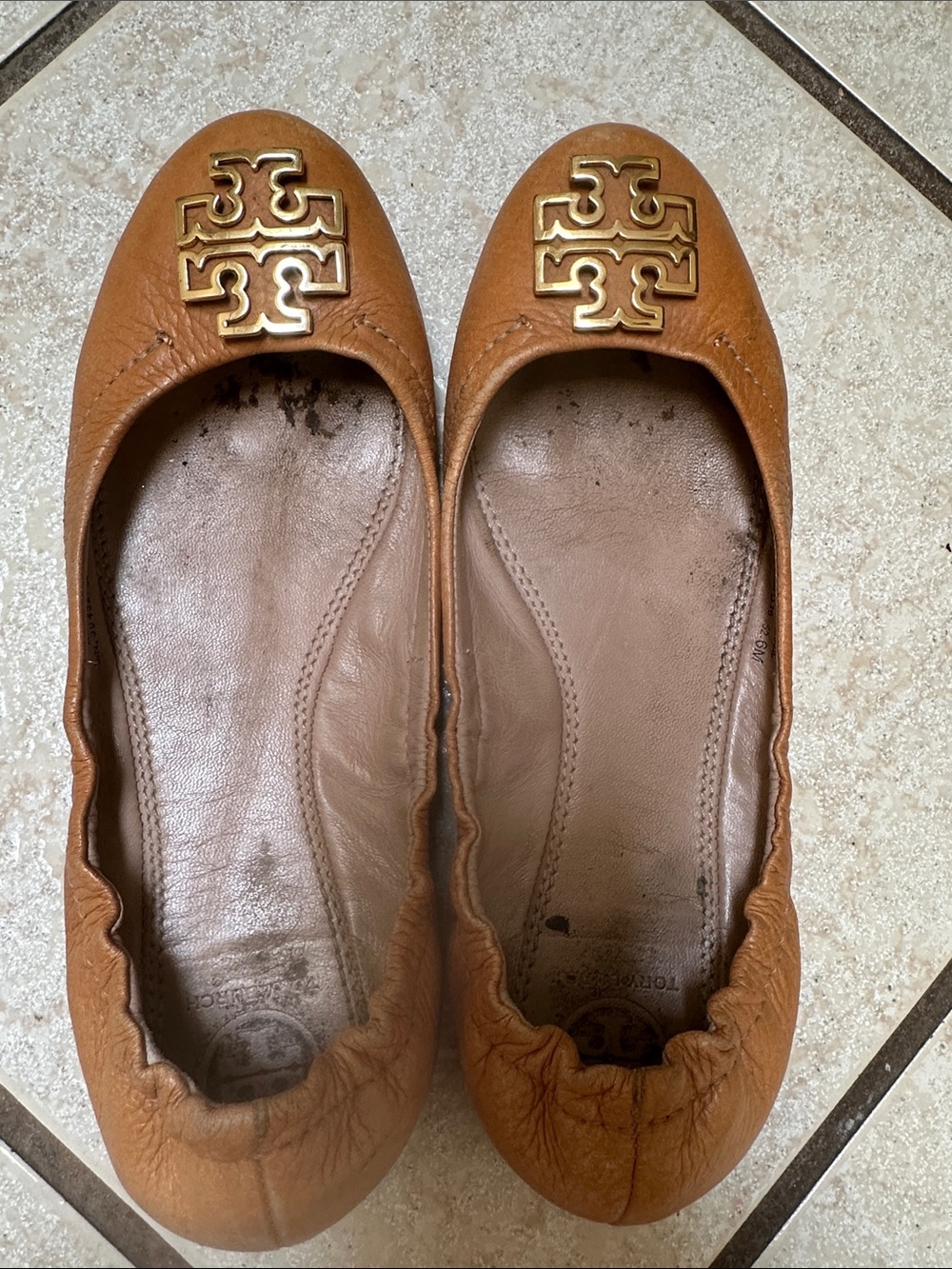Tory Burch Tan Leather Logo Ballet Flats with Gold Emblem